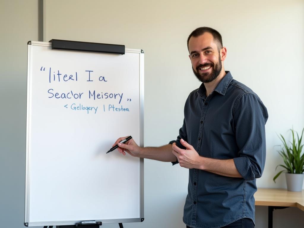 A person (Noam Aviry) stands next to a flip chart, using a marker to write on it and gesturing towards the chart with a smile.