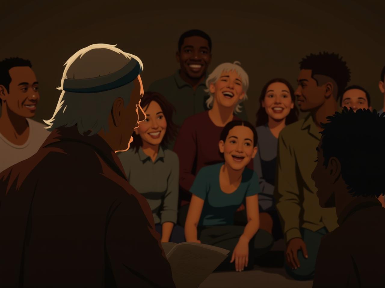 A diverse group of people gathered together, smiling and listening attentively to a storyteller. The atmosphere is warm and inviting, symbolizing the power of shared stories to connect people.