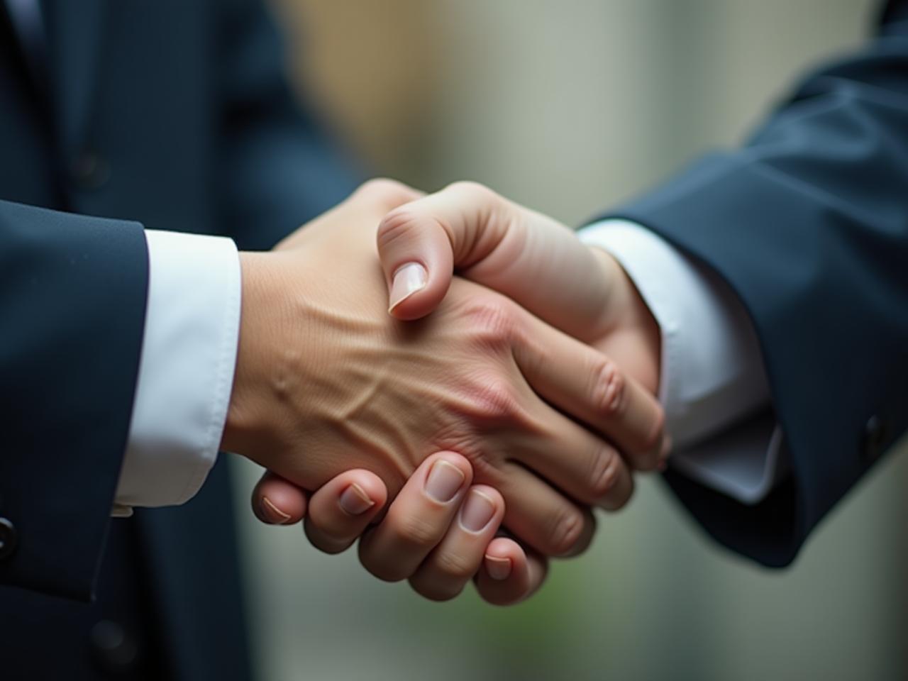 A close-up of two hands shaking, symbolizing a successful fundraising meeting.