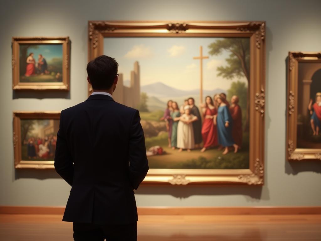 A person looking at a painting in a gallery, symbolizing the art of fundraising.