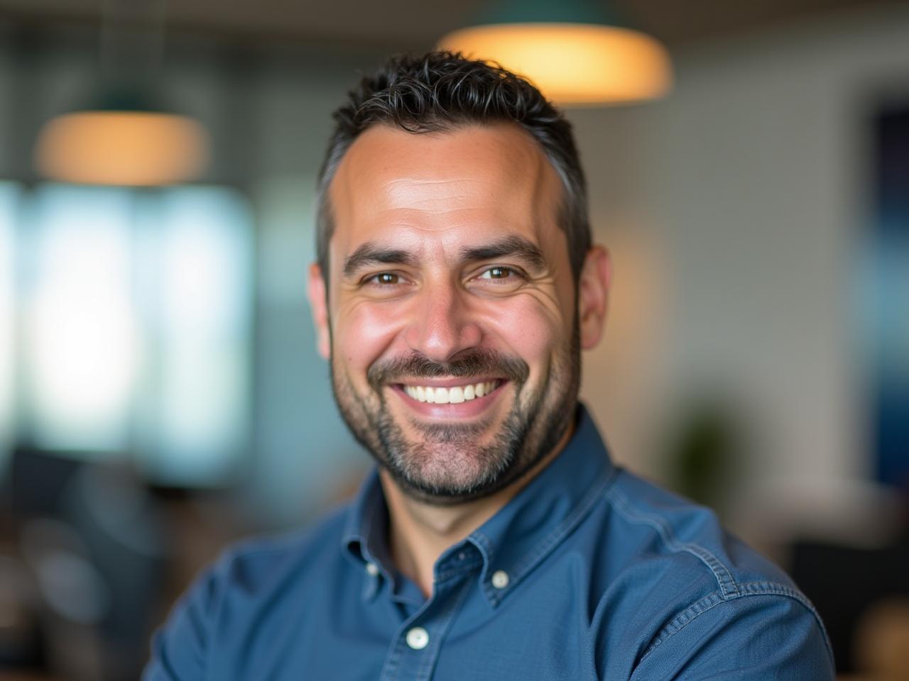 A photo of Noam Aviry, a fundraising expert, smiling and looking confident. The background shows a blurred image of a modern office space.