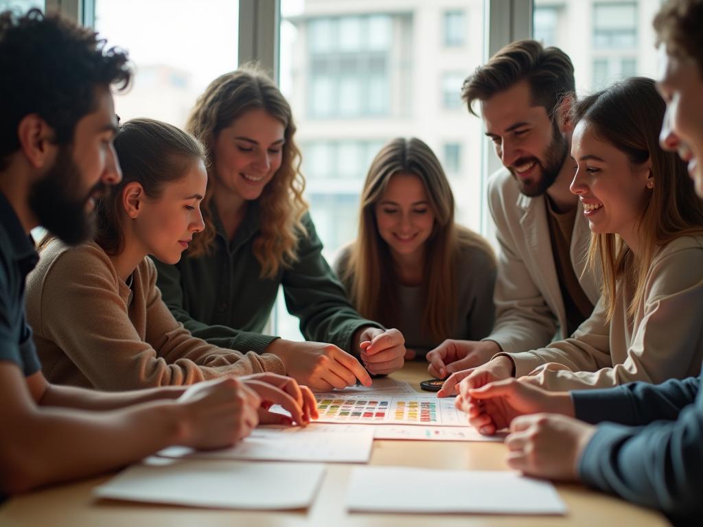 A photo of a diverse group of people collaborating on a project, symbolizing the integration of social impact and business principles.