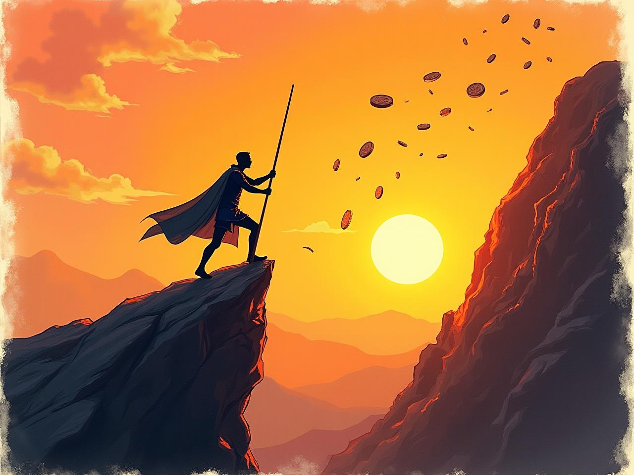 A drawing of a hero silhouette climbing a mountain, with a sunset in the background and coins falling from the sky.