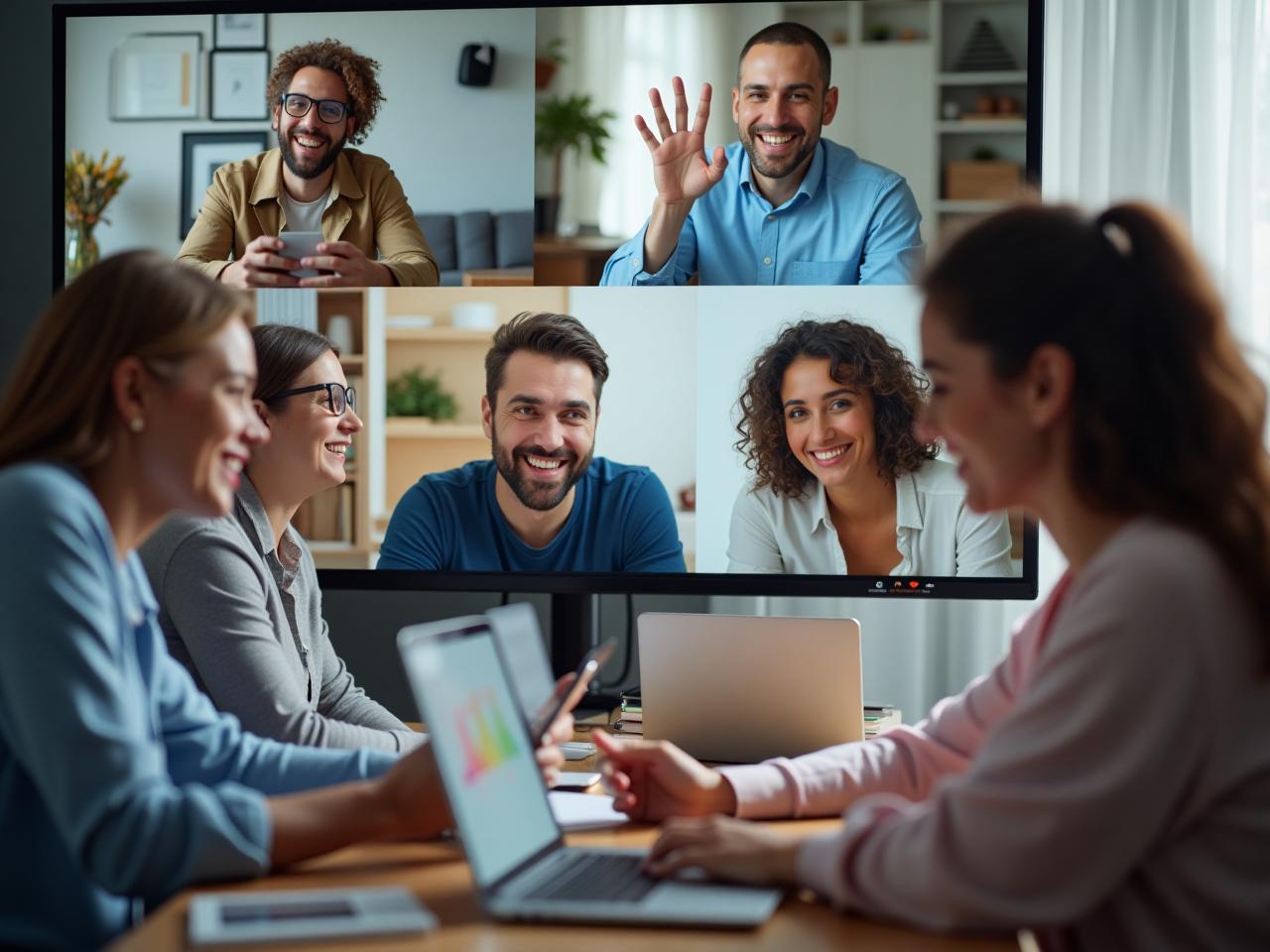 Image of a diverse team collaborating virtually through video calls on different devices, symbolizing the effectiveness of remote fundraising teams.