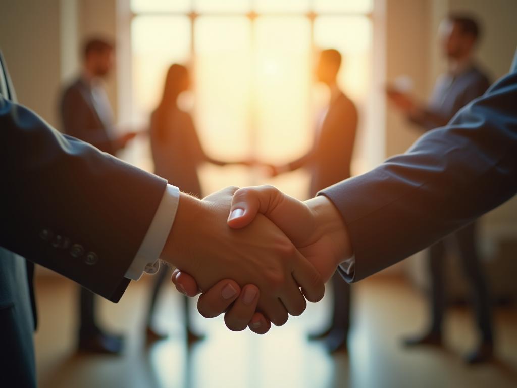 A close-up image showing two hands shaking, symbolizing a partnership. In the background, a blurred image of people working together towards a common goal. The lighting is warm and inviting.