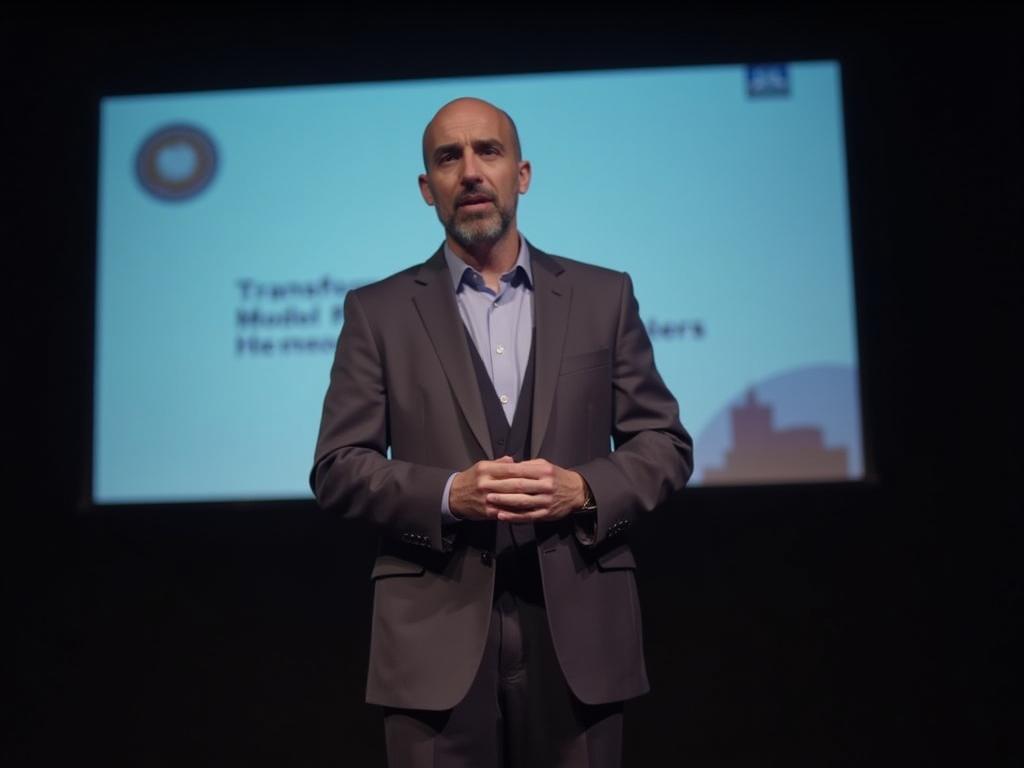 Noam Aviri presenting on a stage with a screen behind him showcasing the transformation model for fundraisers.