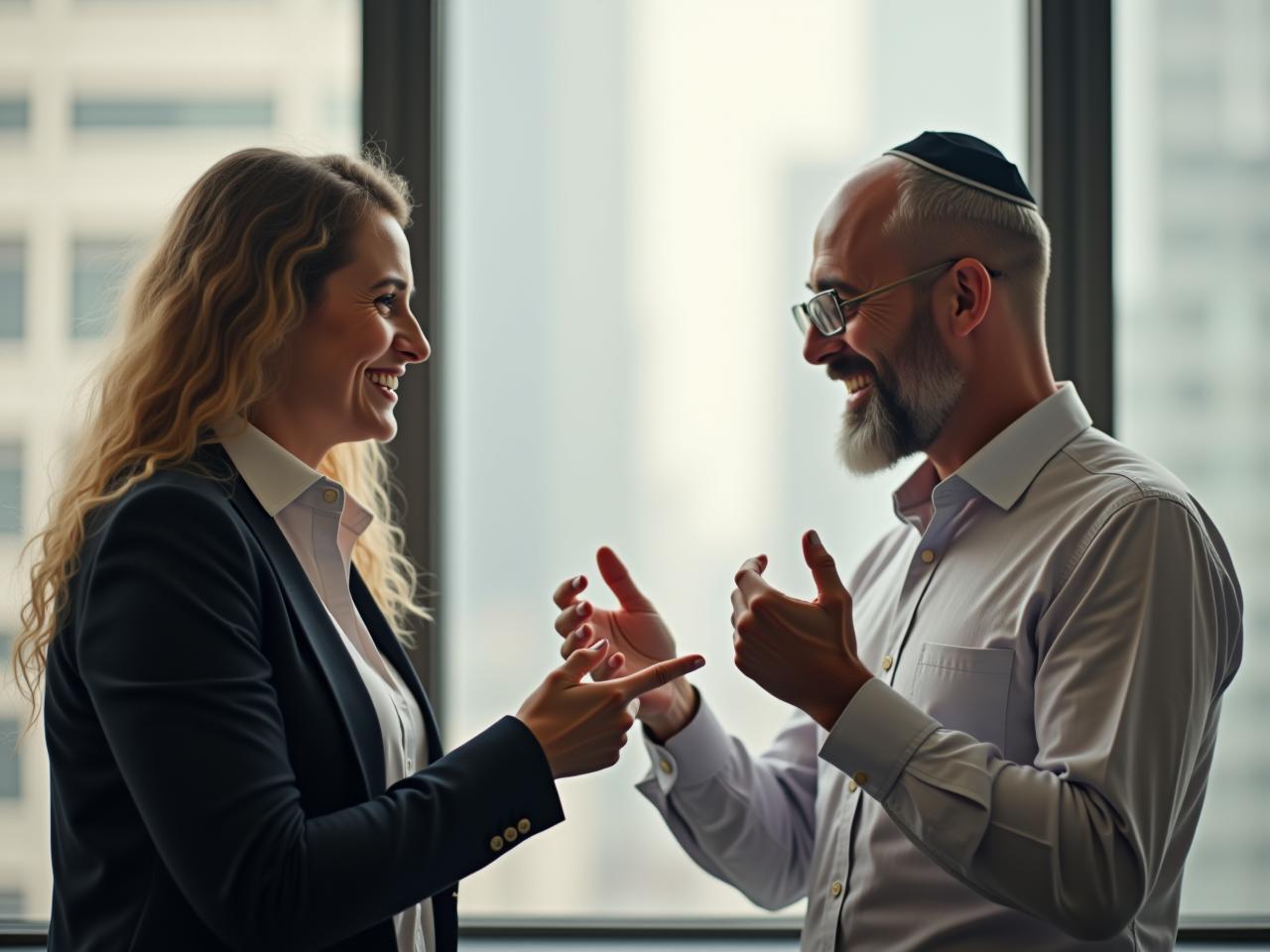 Two people having a constructive conversation, smiling and gesturing, symbolizing a positive feedback session.