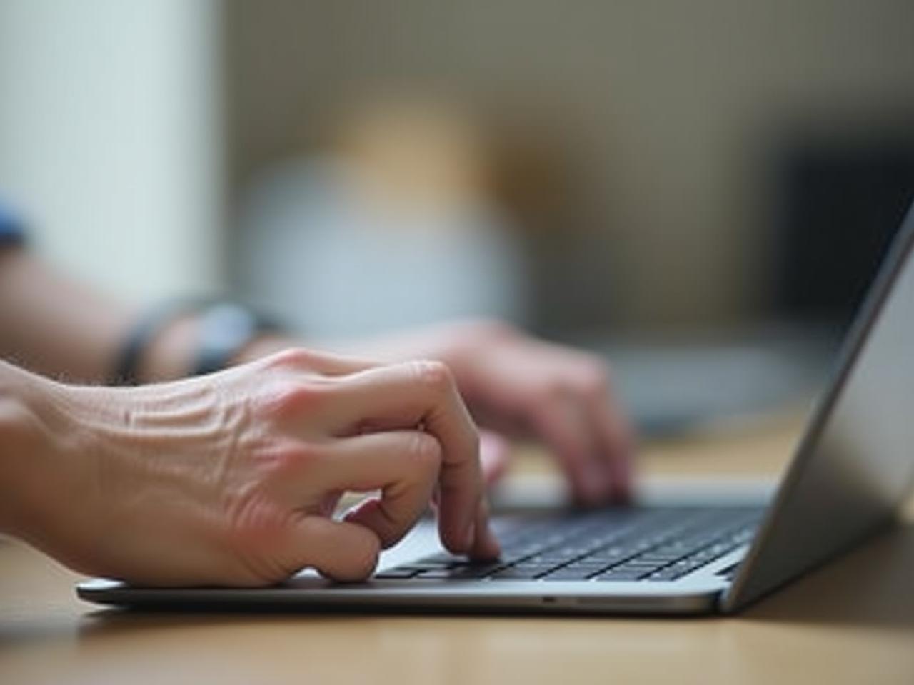 A person typing on a laptop, with a hand reaching out to offer a donation.