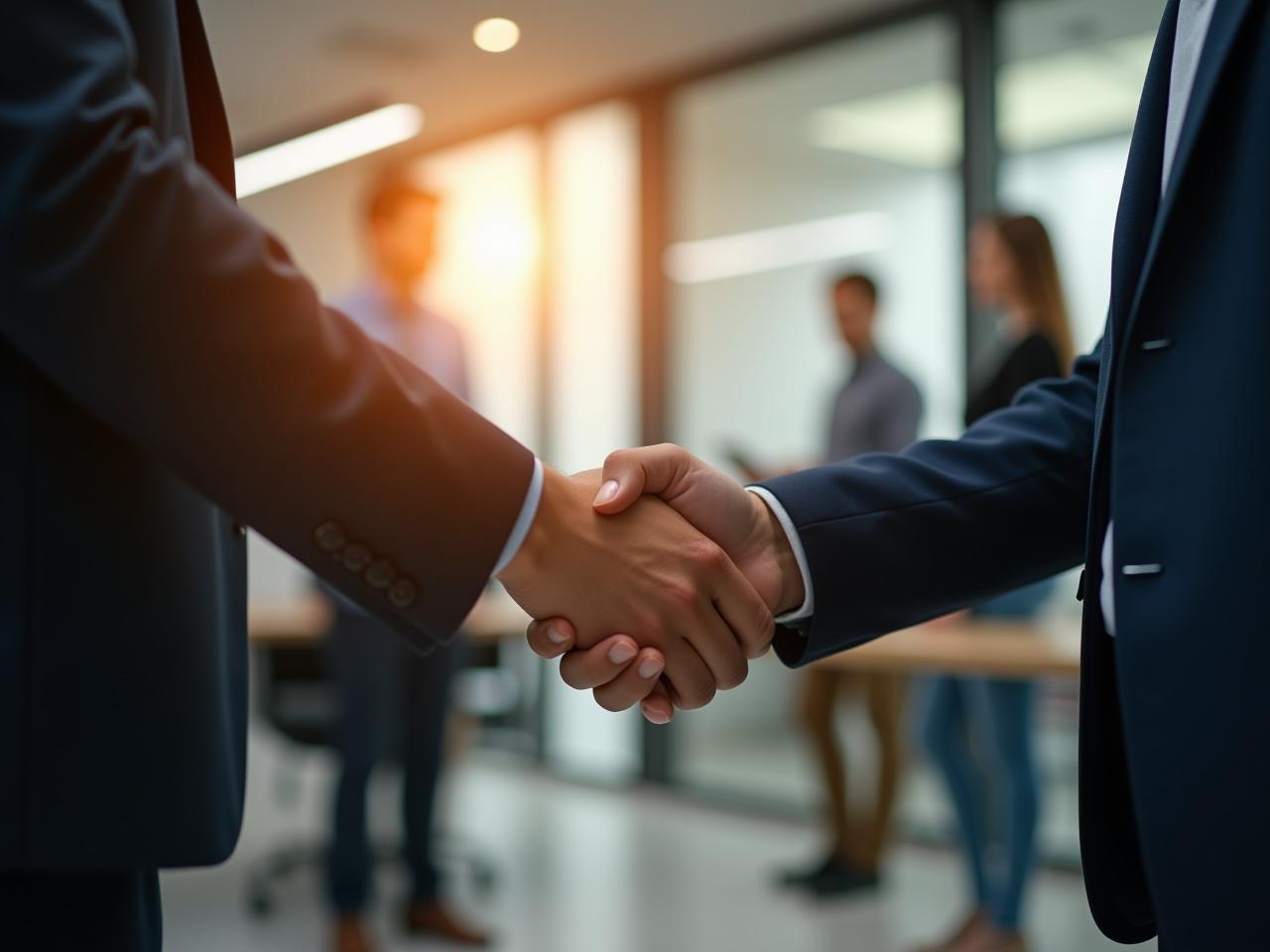 A person shaking hands with another person in a well-lit office, symbolizing a successful fundraising meeting.