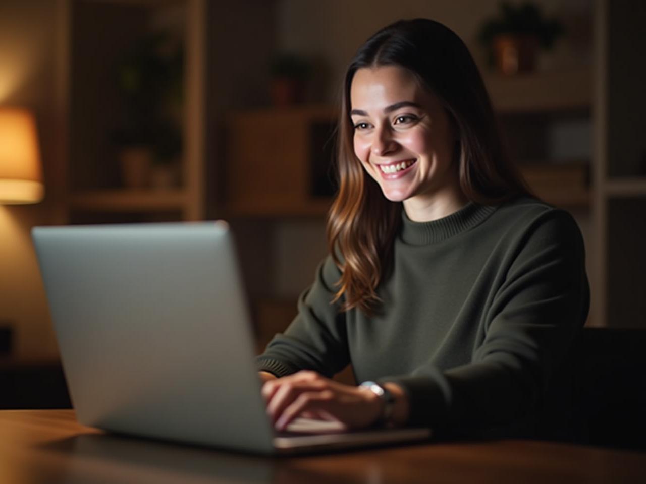 A person smiling warmly while video conferencing on a laptop, with soft, inviting lighting, symbolizing authentic connection in the digital age.