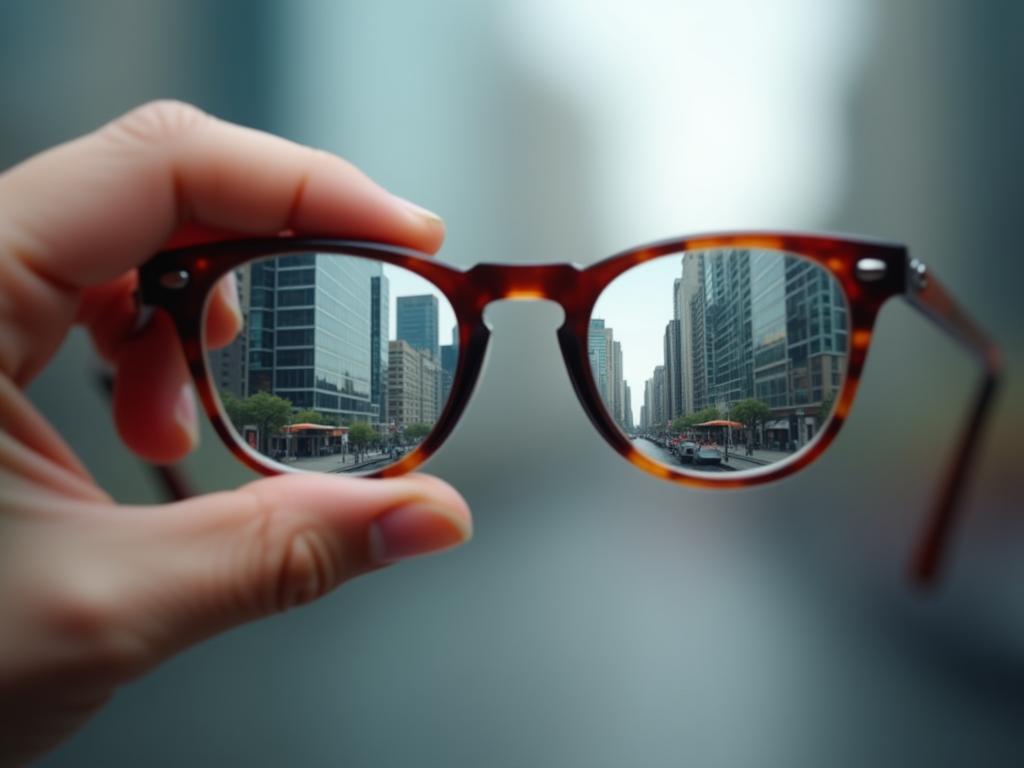 A close-up image of a hand holding a pair of eyeglasses, reflecting a cityscape in the lenses. The eyeglasses symbolize seeing the world from the donors perspective.