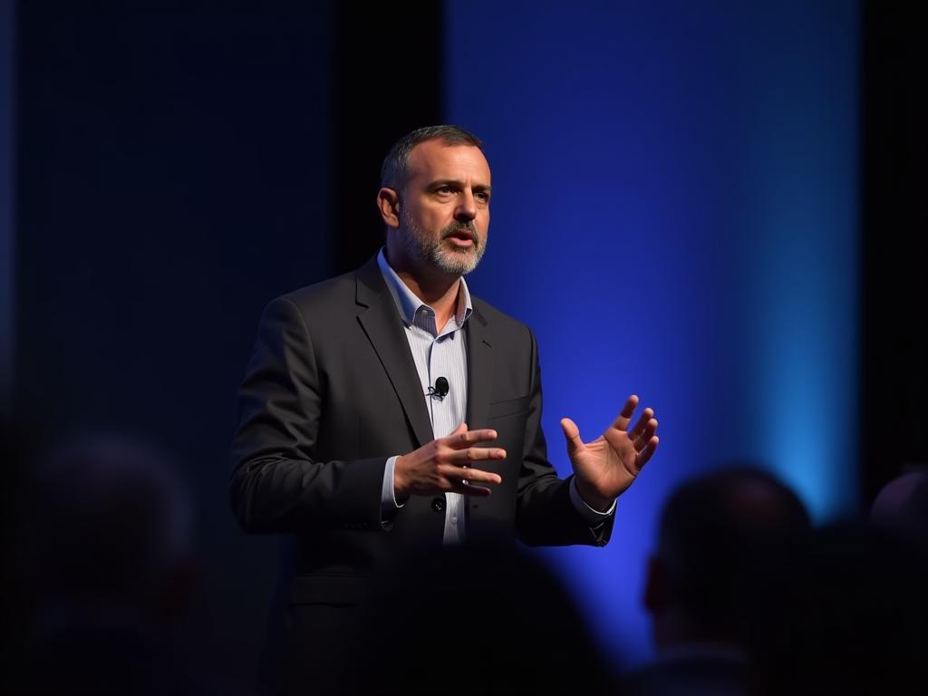 Noam Aviri speaking on stage at a fundraising conference.