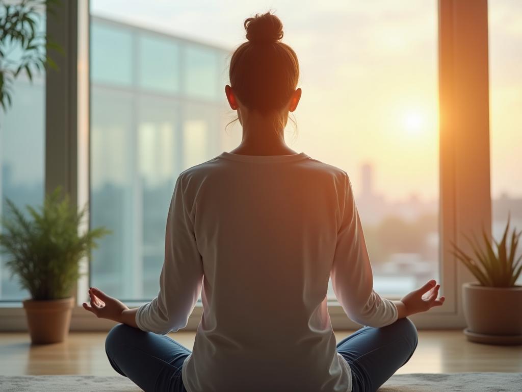 A professional fundraiser meditating to manage emotions before an important meeting with a potential donor.