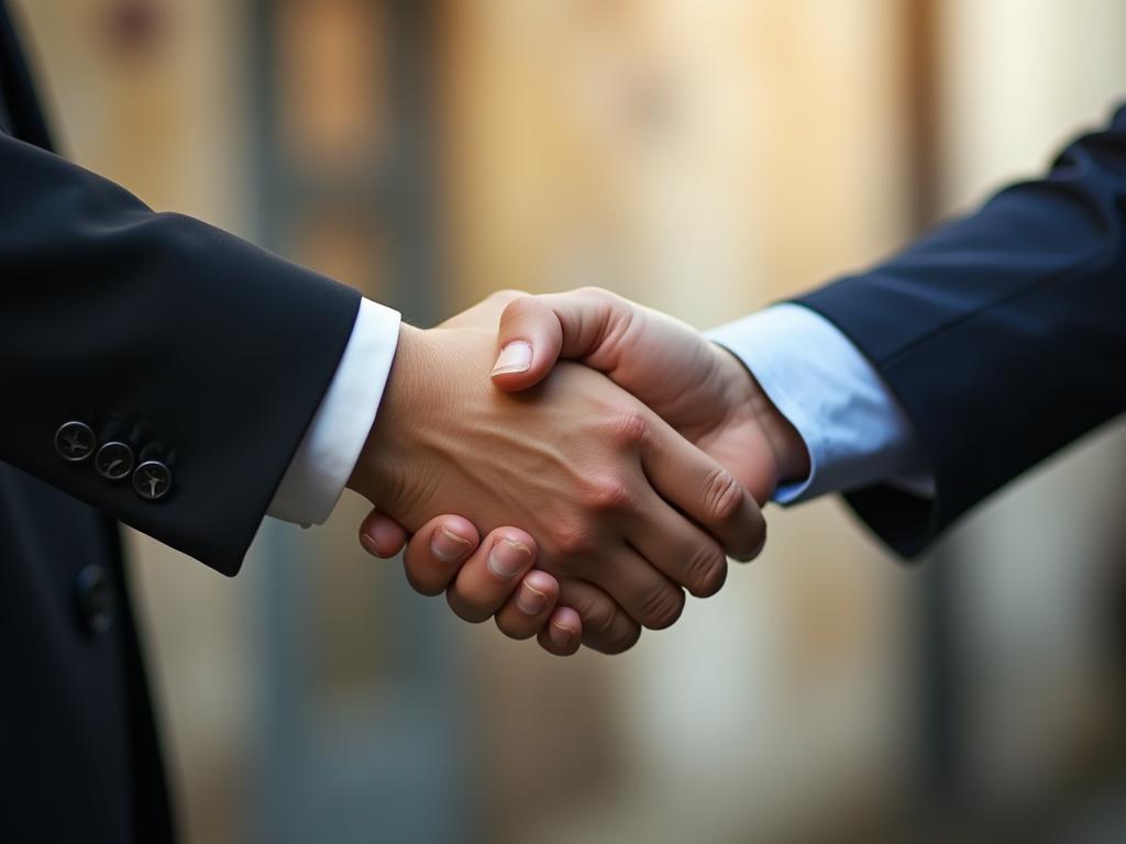 A close-up of two hands shaking, symbolizing a strong relationship between a fundraiser and a donor. The background is blurred with subtle images of community engagement and social impact.
