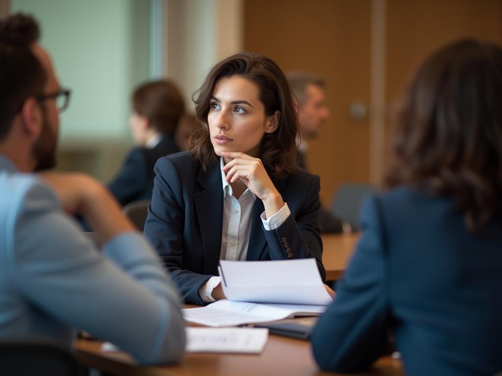 A person in a meeting, thoughtfully considering information. The setting suggests a professional environment, possibly related to fundraising or business. The individuals posture and expression convey deep contemplation.