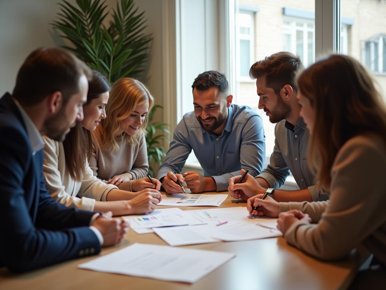 A diverse group of people collaborating around a table, representing the teamwork and strategic planning involved in building fundraising capabilities.