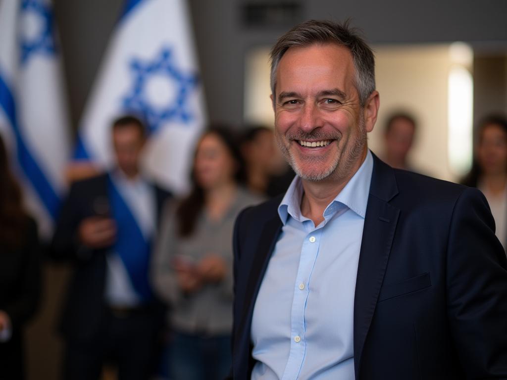 A photo of Noam Aviry, smiling confidently. He is standing in front of a blurred background of a fundraising event, with the Israeli flag subtly visible.