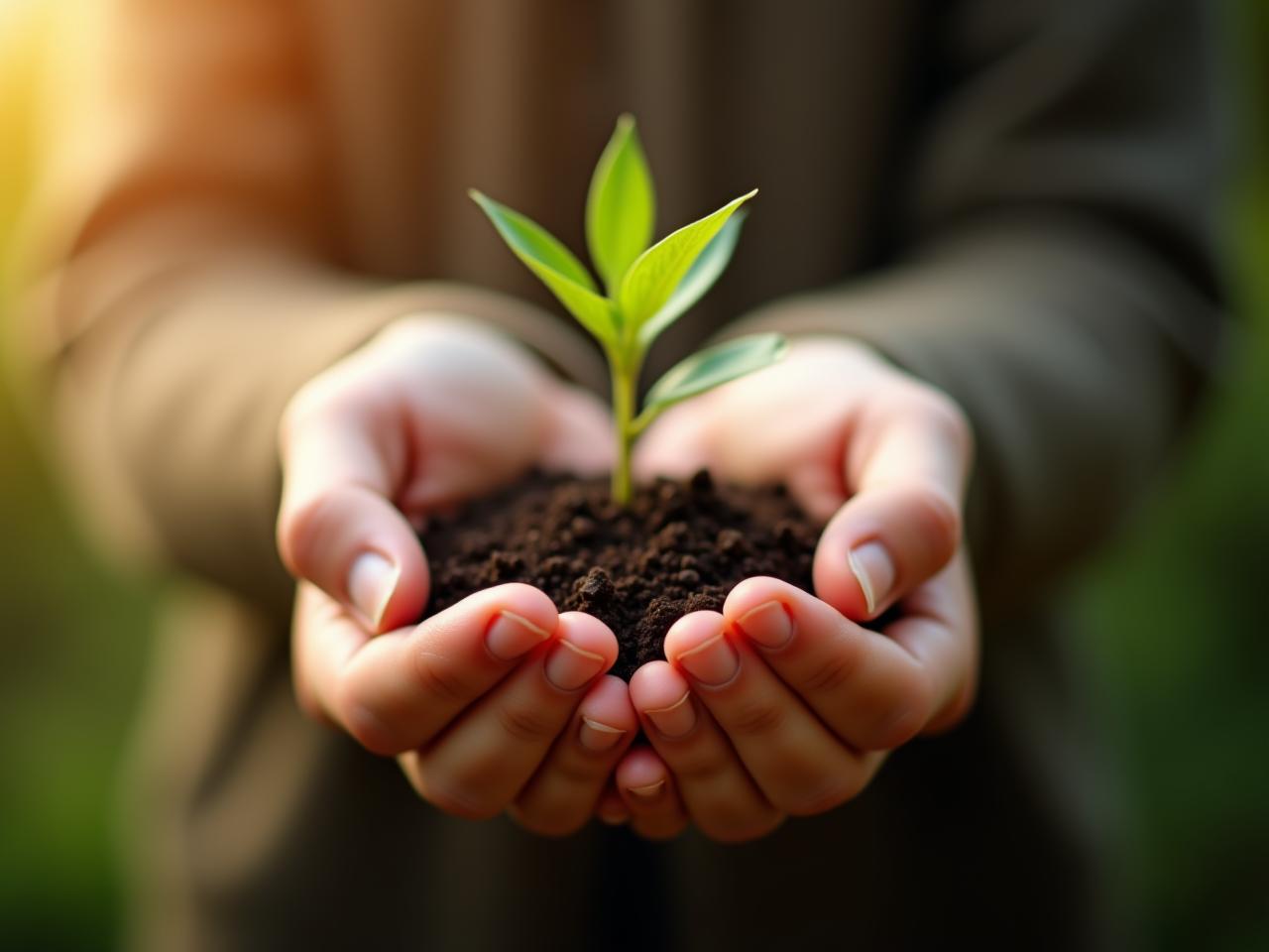 A close-up shot of a persons hands gently holding a small plant seedling, symbolizing growth, care, and the impact of giving. Soft, warm lighting highlights the nurturing aspect.