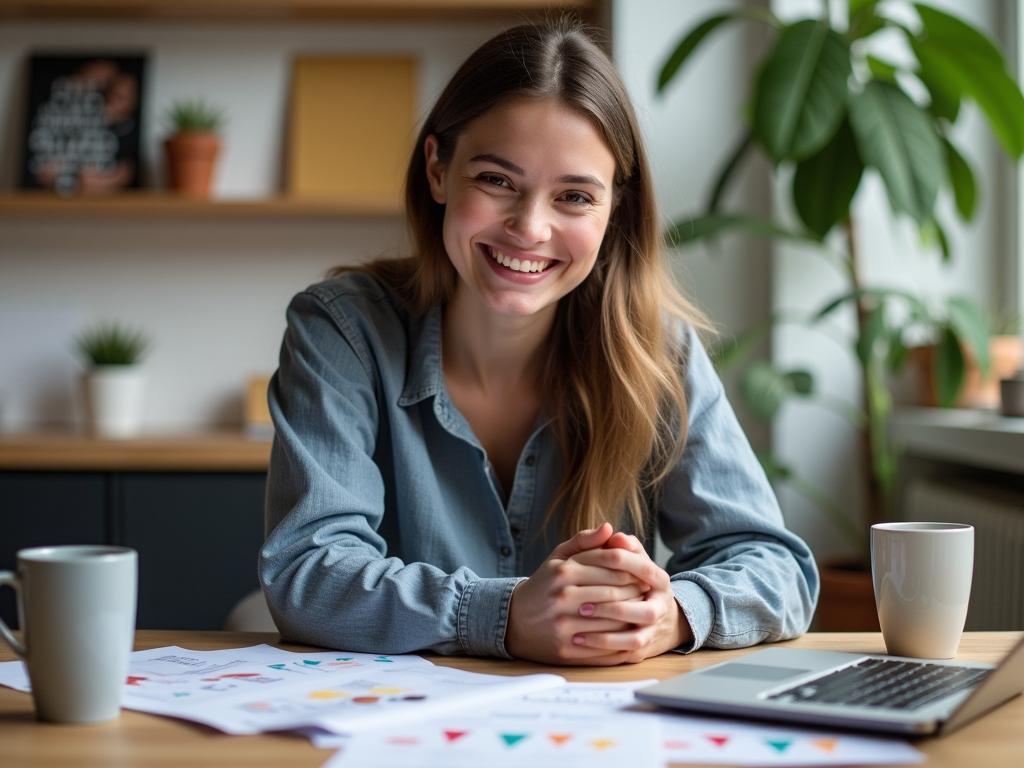 A person smiling and talking on a video call, surrounded by fundraising materials and digital devices.