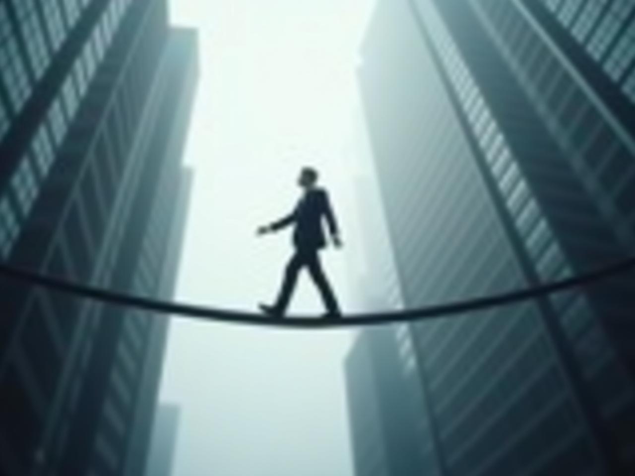 A blurred image of a person walking a tightrope between two skyscrapers, symbolizing the balance between closeness and professionalism in fundraising.