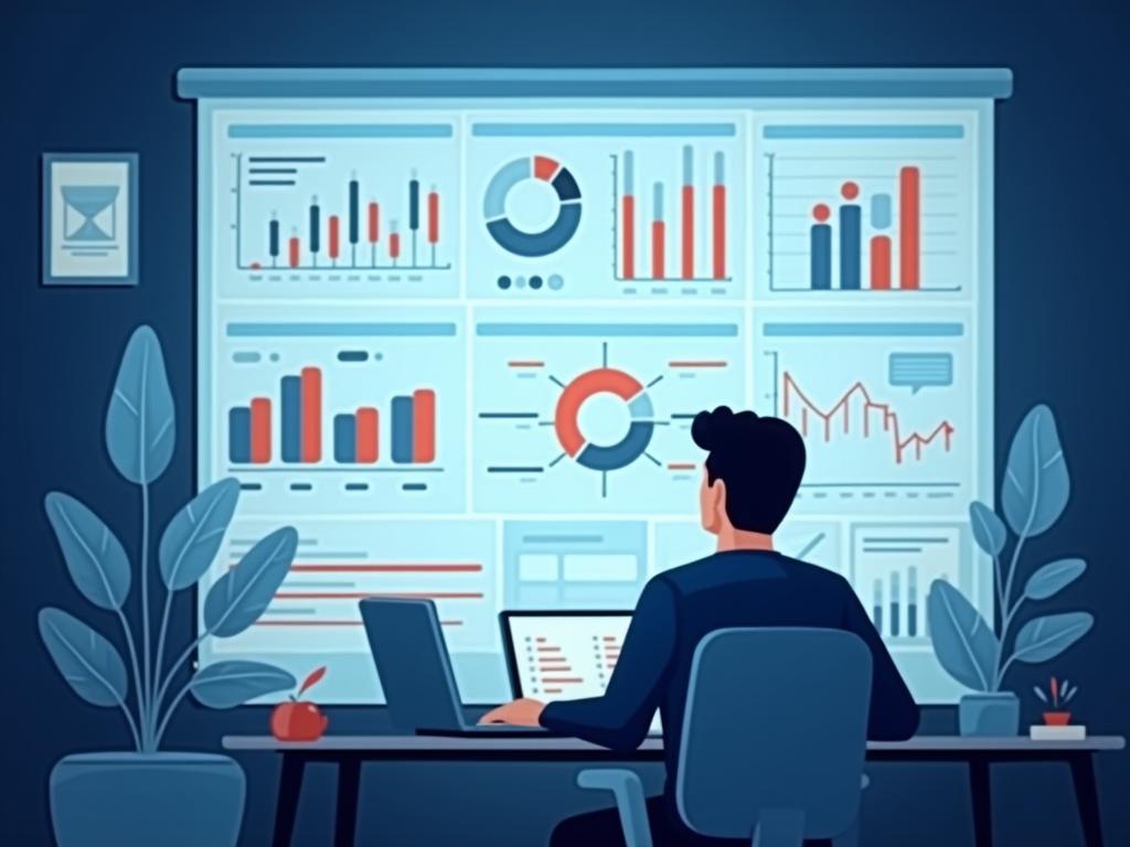 A dashboard with charts and graphs monitoring key performance indicators (KPIs) for a fundraising campaign, with a person analyzing the data.