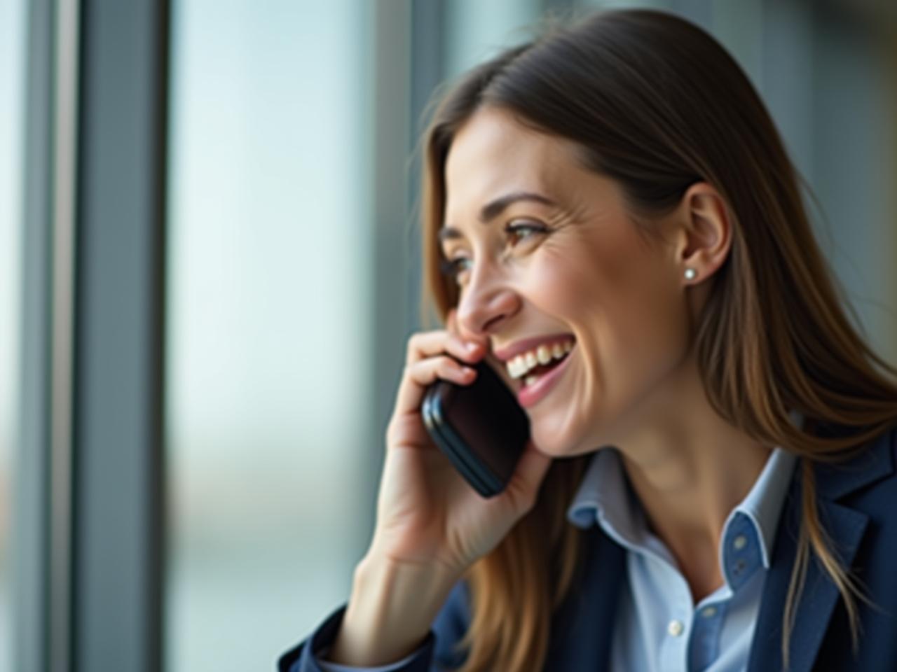 A person smiling while talking on the phone, representing successful fundraising and donor relationships.