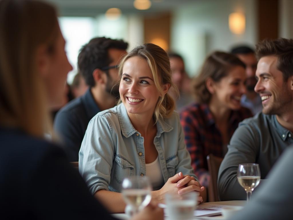 A group of people at a conference, smiling and engaging in conversation, with a subtle visual element suggesting financial growth or charitable giving.