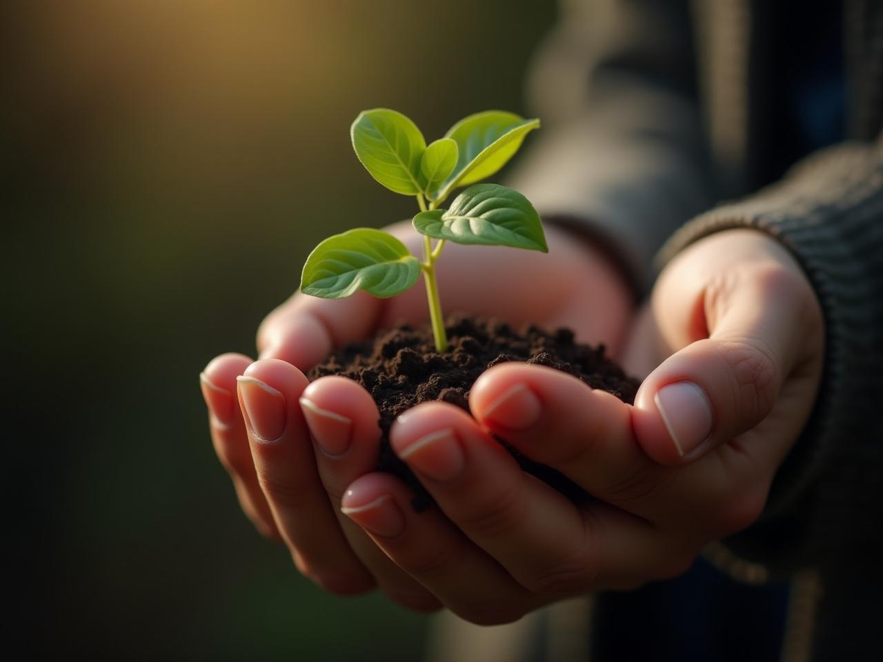 A close-up of a hand holding a seedling, symbolizing growth and resilience.