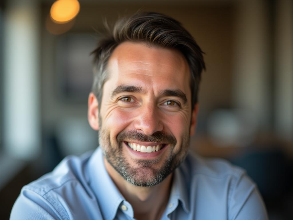 A close-up shot of Noam Aviri, a fundraising expert, with a warm, confident expression, giving a subtle smile while looking directly at the camera. The background is softly blurred, with hints of an office environment. The overall tone is professional yet approachable, suitable for conveying expertise and trustworthiness in the field of fundraising.