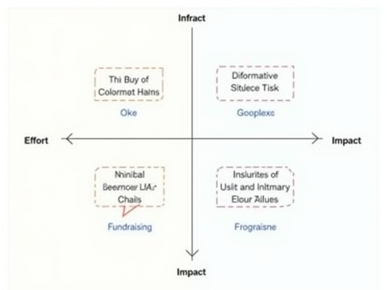A matrix with axes labeled Effort and Impact, showing different fundraising activities plotted in the four quadrants.