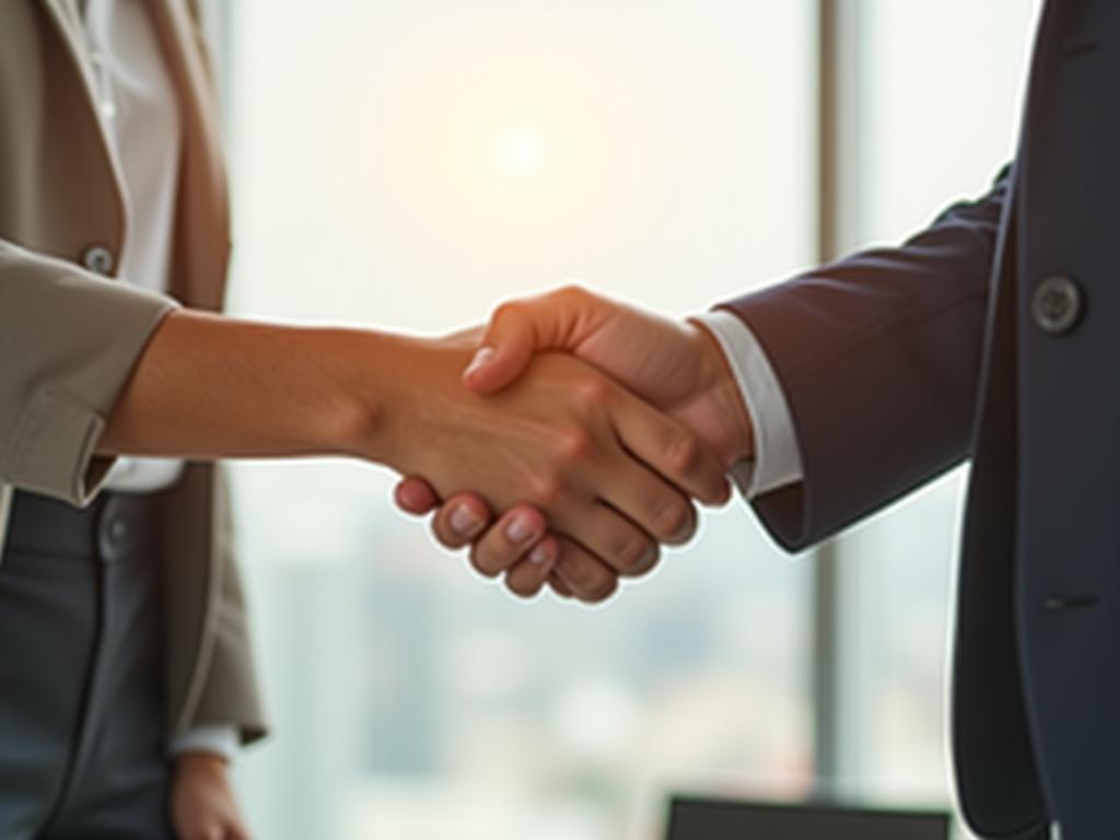 A person shaking hands with another person in a bright, modern office setting, symbolizing a successful fundraising meeting. The background is blurred to emphasize the connection between the two people.