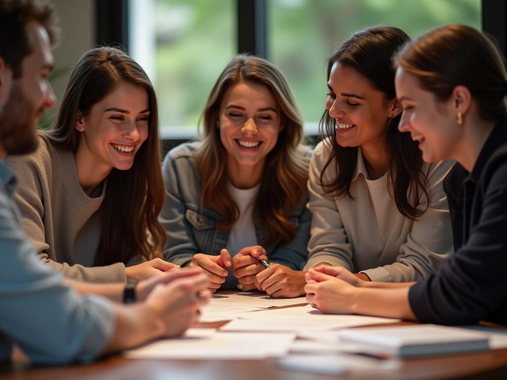 A group of people smiling and collaborating around a table, symbolizing teamwork and philanthropy.
