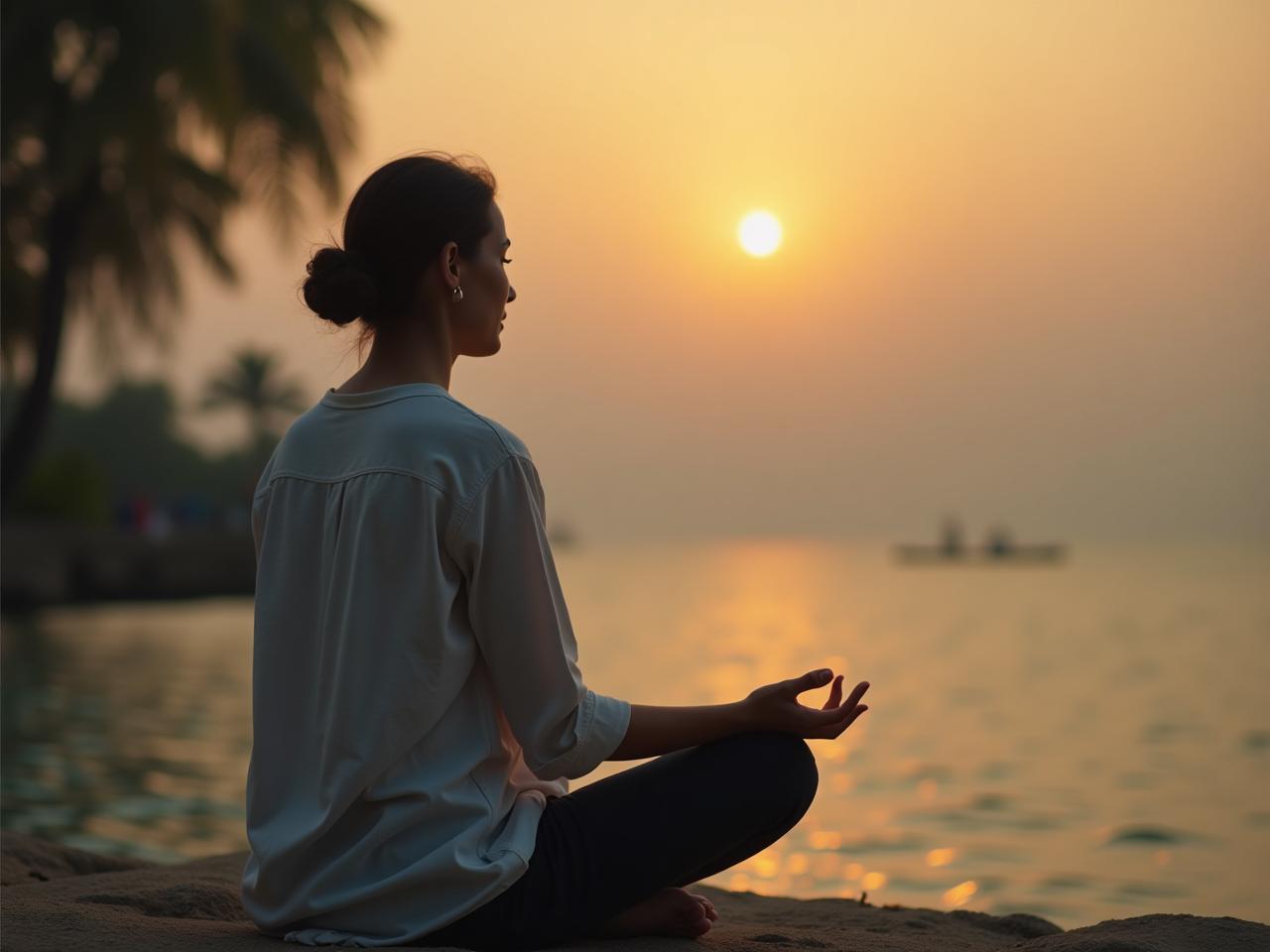 A person sitting in a quiet place, meditating with a serene expression, representing emotional resilience and energy management in fundraising.