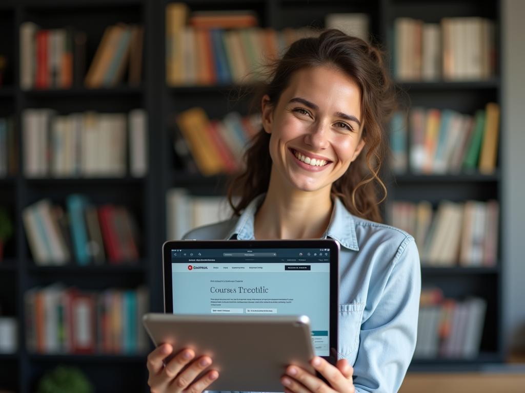 A person is smiling warmly and holding a tablet with a digital course displayed on the screen. The background is a modern office setting with bookshelves.