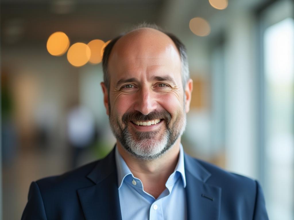 A photo of Noam Aviry smiling warmly and looking directly at the camera, conveying trust and expertise. The background is blurred, suggesting a professional setting.