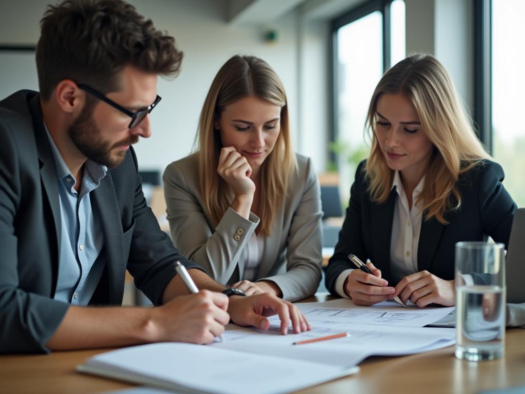 A group of fundraising professionals collaborating and planning career development strategies in a modern office environment, emphasizing teamwork and individual growth.