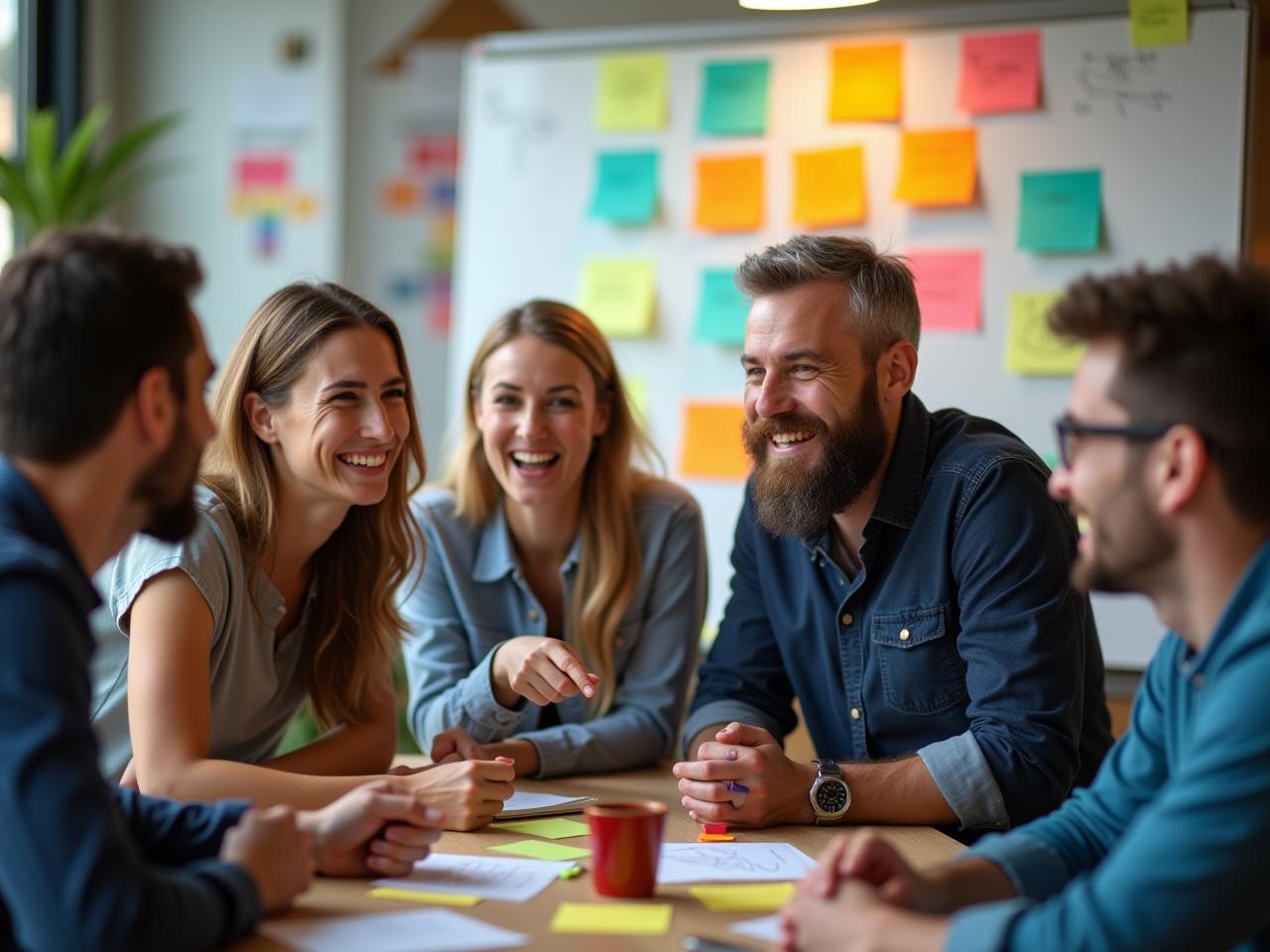 A group of people brainstorming together in a colorful and creative environment, with post-it notes on a whiteboard and energetic expressions on their faces.