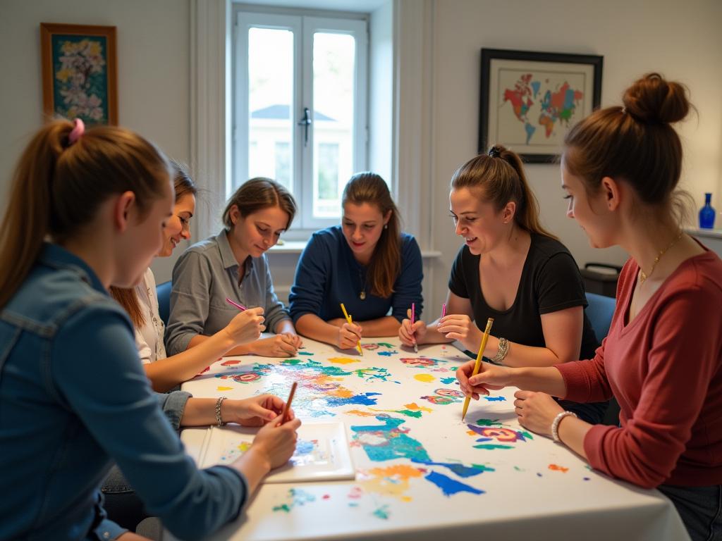 A group of people participating in an art therapy workshop, painting together and engaging in conversation.