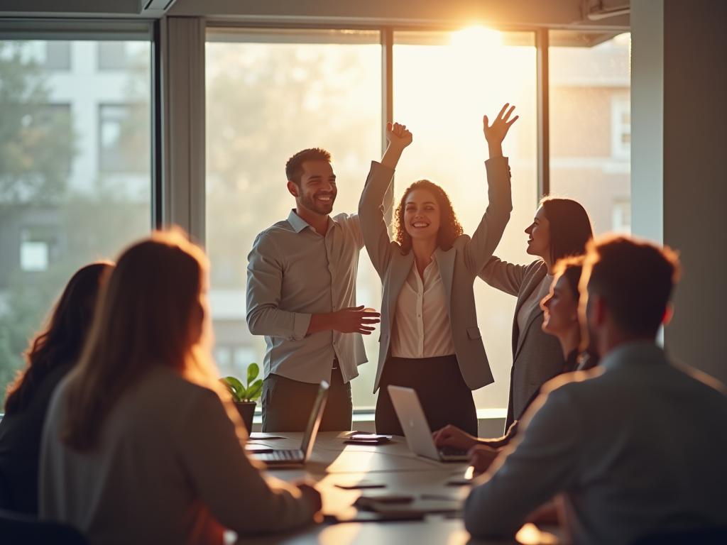 A team of people working together collaboratively in an office, supporting each other and celebrating success.