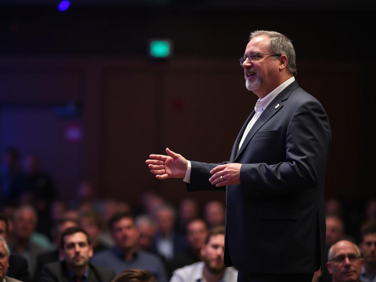 Noam Aviry speaking in front of a crowd about fundraising best practices.