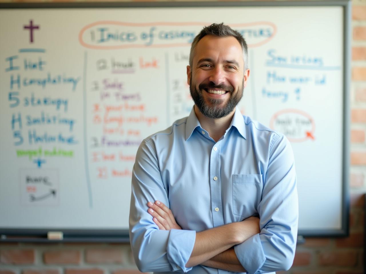Noam Aviry standing in front of a whiteboard with fundraising strategies, looking directly at the camera with a warm, encouraging smile.